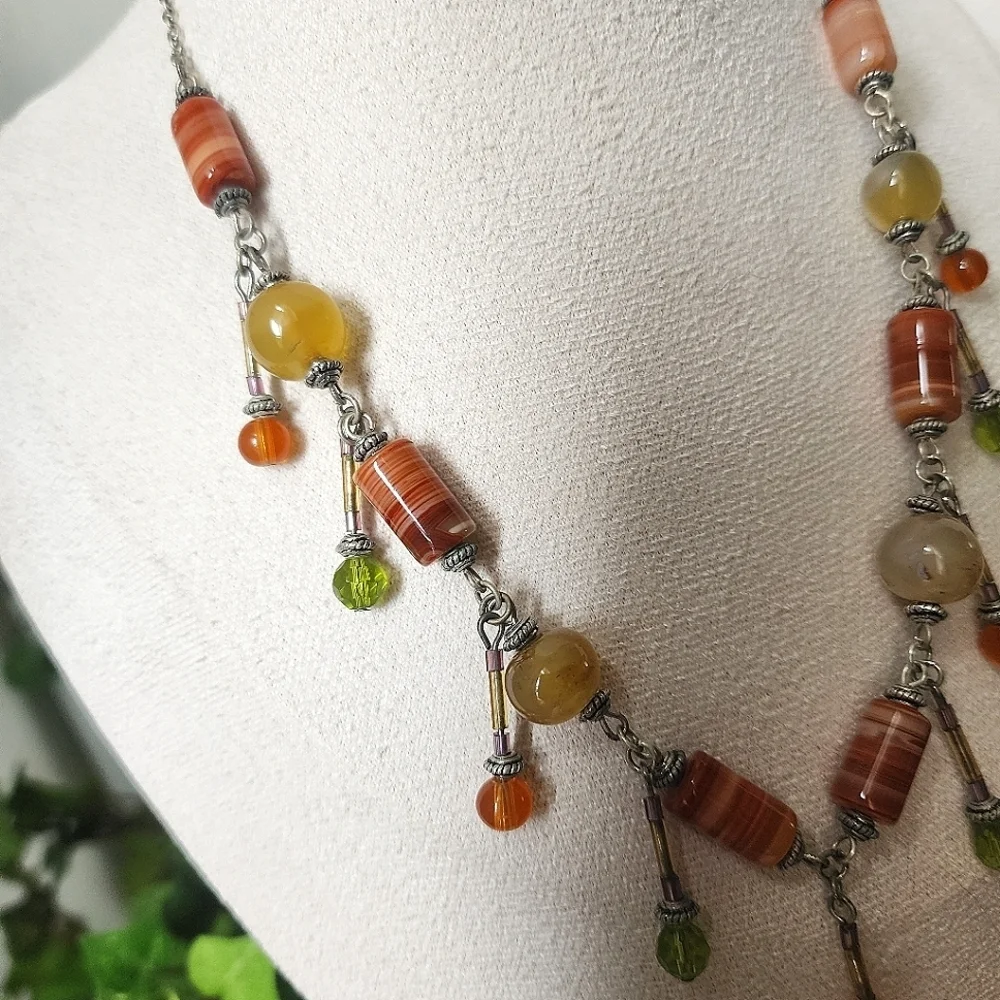 Silver with Natural Stone Necklace with Matching Earrings Set